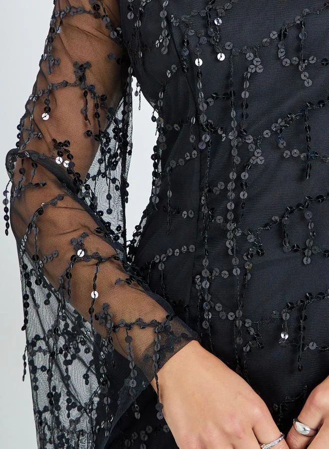 Styli black Black Sequin Maxi Dress with Long Sleeves for Women | Best Price UAE