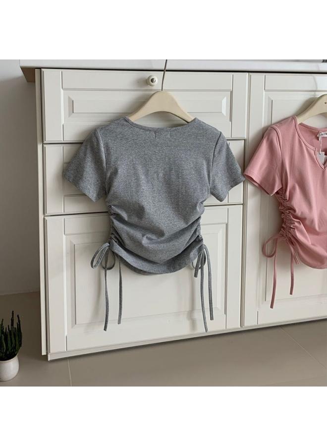 VUELO Summer New Design Sense Niche Hot Girl Shoulder Short Sleeve Korean Style Top Women's T-shirt Slimming V-neck Yoga Clothes  - Image 4