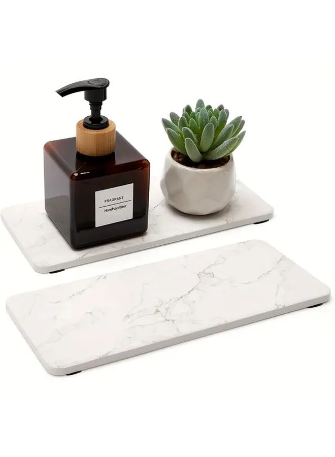 2pcs Absorbent Stone Drying Tray for Bathroom Sink Kitchen Countertop Color Spray Marble Pattern Soap Dish Holder with Sponge Rack Quick Dry White Ceramic Bath Vanity Mat Durable Bathroom Organizer 7.87x3.94 Inch - Image 1