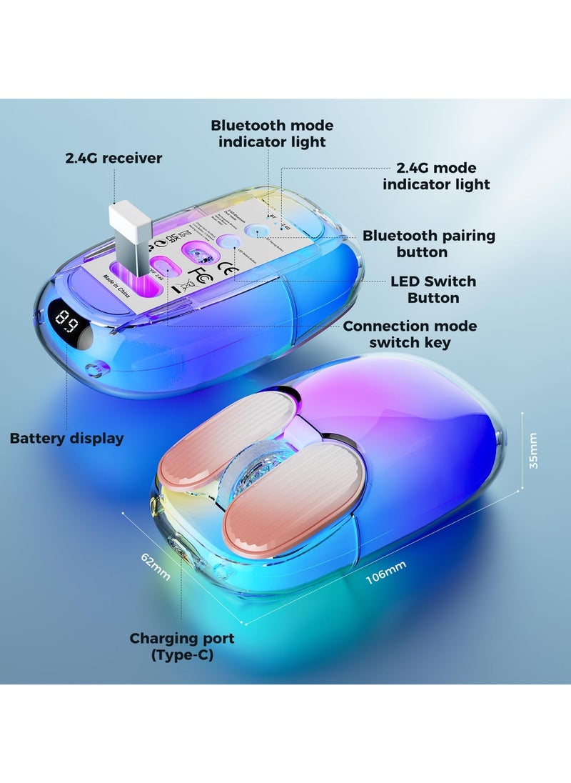 إيروريكس ماوس USB لاسلكي بلوتوث 2.4G شفاف، ماوس RGB LED جمالي قابل لإعادة الشحن بإضاءة خلفية مزدوجة الوضع مع هيكل صلب كريستالي، إضاءة عرض للكمبيوتر والكمبيوتر المحمول وماك بوك والكمبيوتر الشخصي  - Image 2