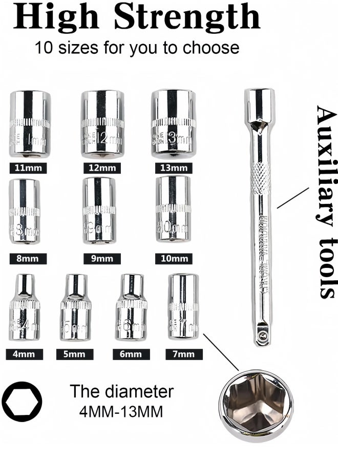 12pcs 1/4 Inch Mini Ratchet Socket Wrench Set, Drive Socket Set with 10 Sockets (4-13mm) and 2 Way Quick Released Ratchet Handle and Extension Bar - Image 2