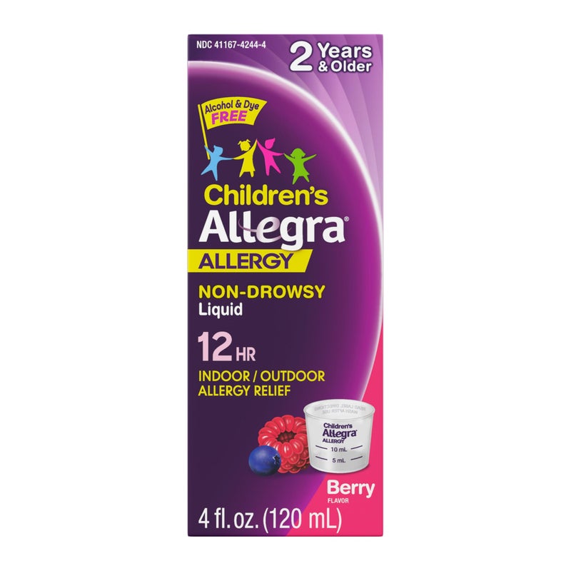 Allegra أليغرا للأطفال 12 ساعة من تخفيف الحساسية سائل مضاد للهستامين غير مسبب للنعاس، بنكهة التوت، خالي من الكحول والأصباغ، فيكسوفينادين هيدروكلوريد، 4 أونصات. - Image 1