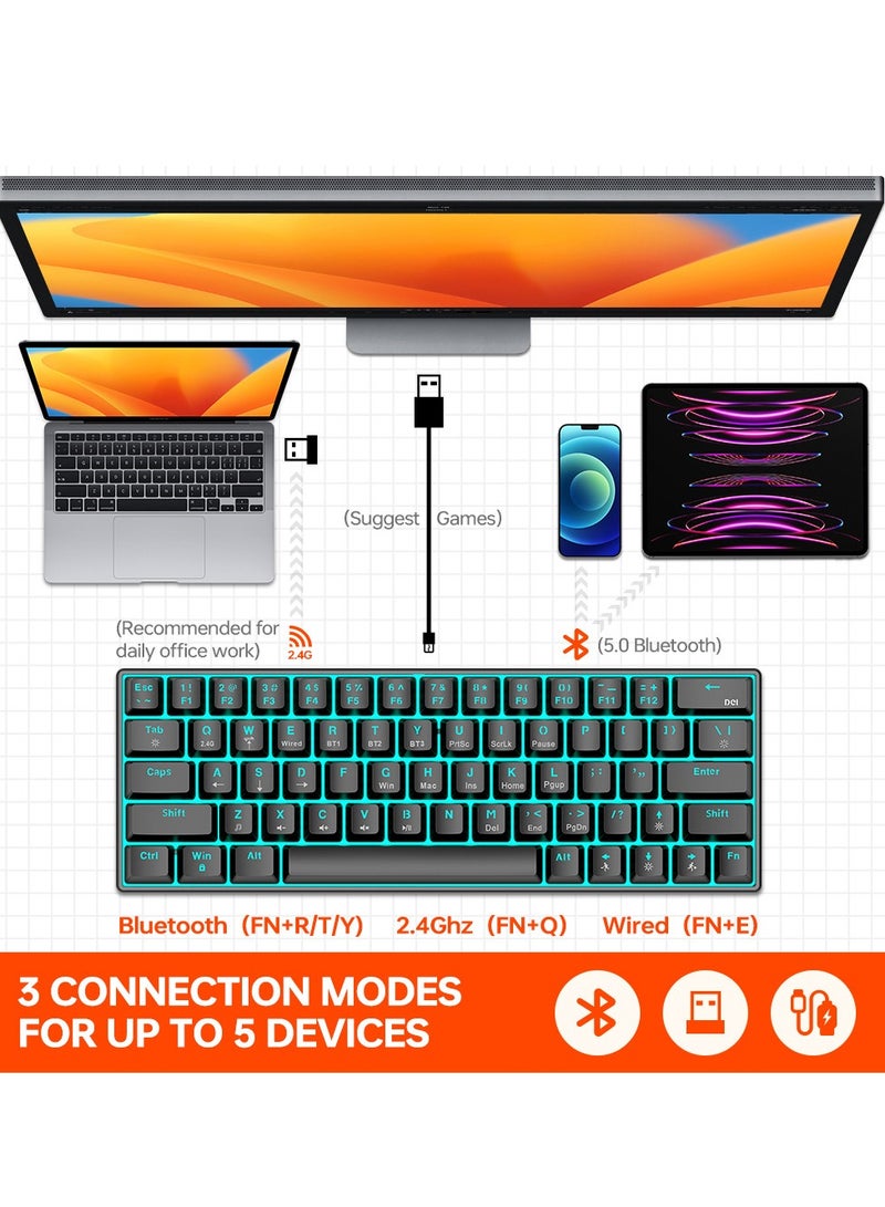 T-WOLF 3-Mode Wireless Mechanical Gaming Keyboard, 63 Keys Compact Hot-Swappable RGB Keyboard with 20 Lighting Effects & Bluetooth - Image 3