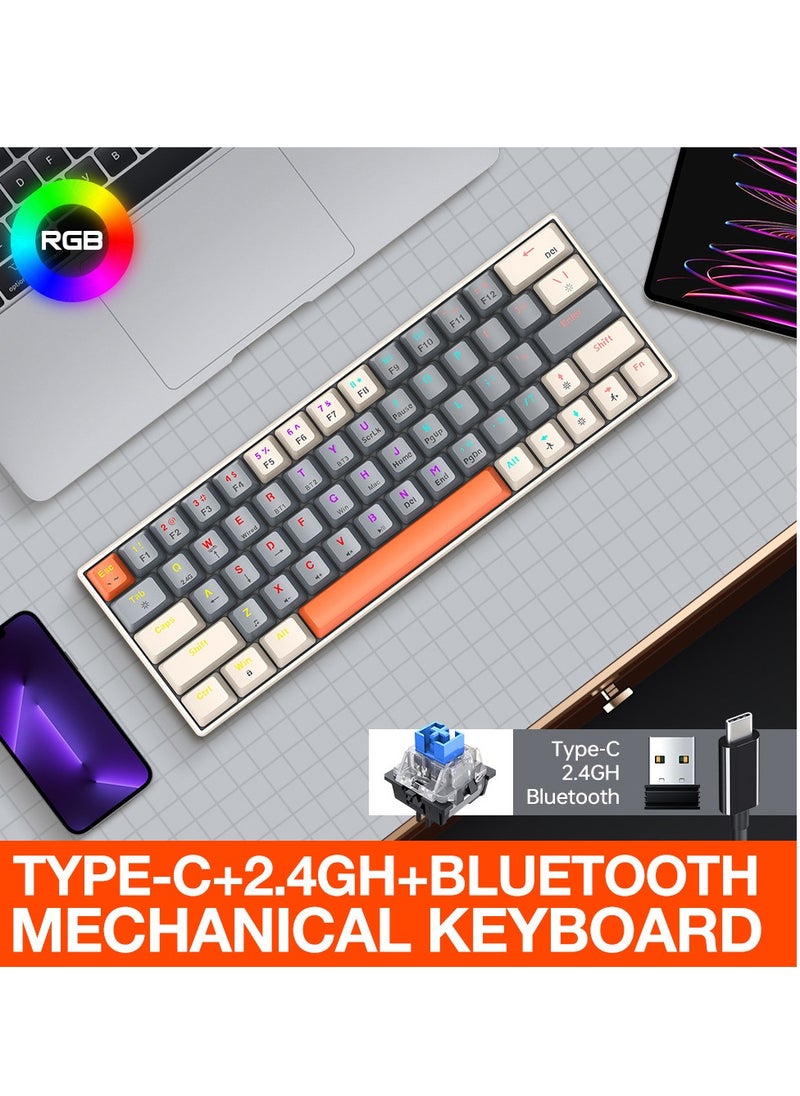 T-WOLF - لوحة مفاتيح الألعاب الميكانيكية RGB اللاسلكية ذات 3 أوضاع، 63 مفتاحًا لوحة مفاتيح ميكانيكية مدمجة قابلة للتبديل السريع، لوحة مفاتيح ألعاب بلوتوث لاسلكية، قابلة للتبديل السريع مع 20 تأثير إضاءة RGB مع - Image 1