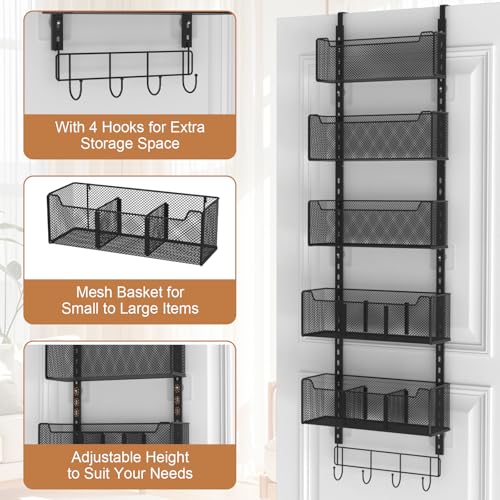 VyGrow Over The Door Organizer, Metal Door Organizer Hanging with 5 Adjustable Baskets and Coat Hook, Behind The Door Storage for Bedroom Closet Bathroom Pantry Cabinet Kitchen, Black - Image 5