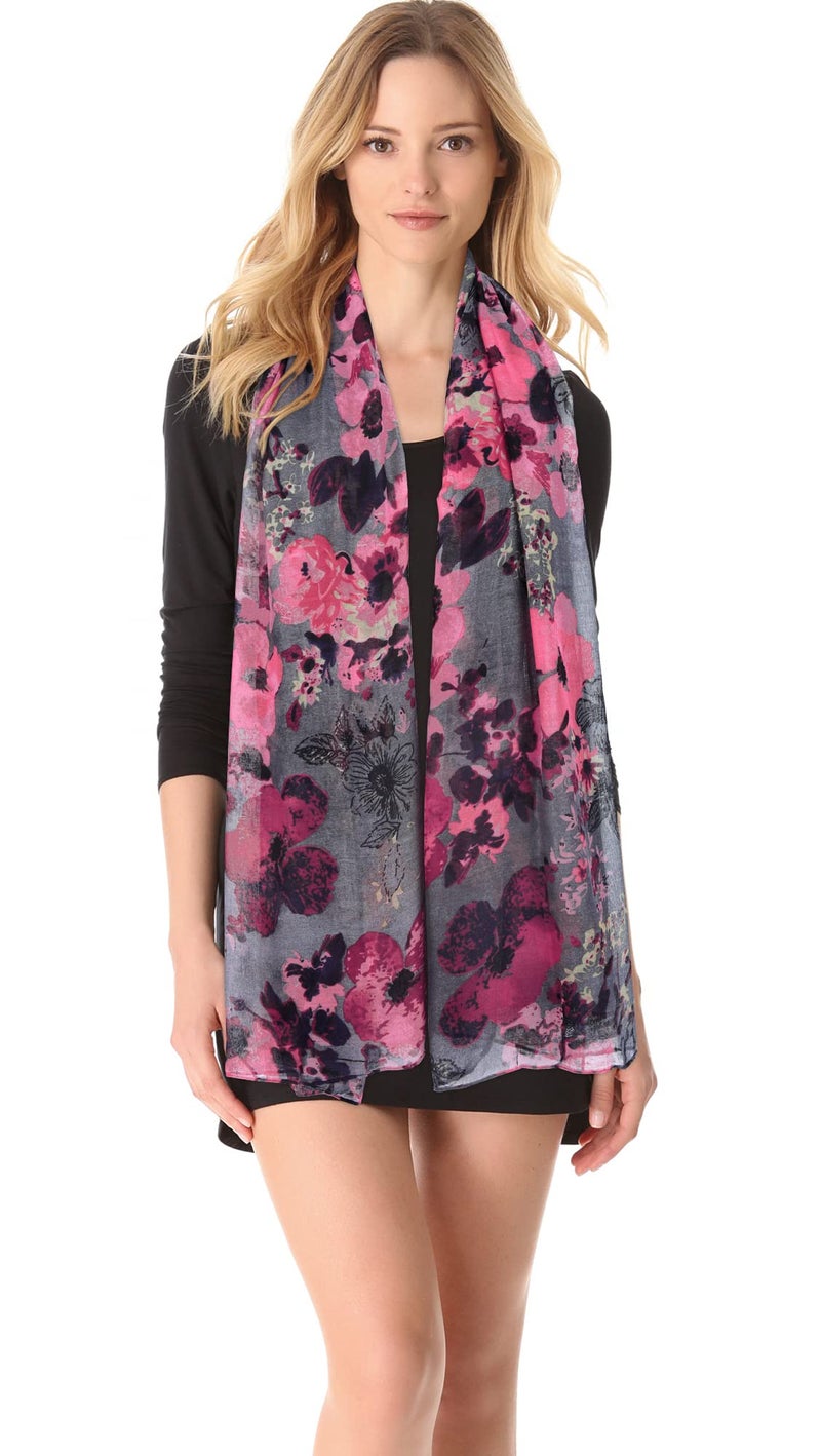 GERINLY Lightweight Scarves Fashion Flowers Print Shawl Wrap for Women Autumn Floral Accessory Outfit (Purple Gray) - Image 3