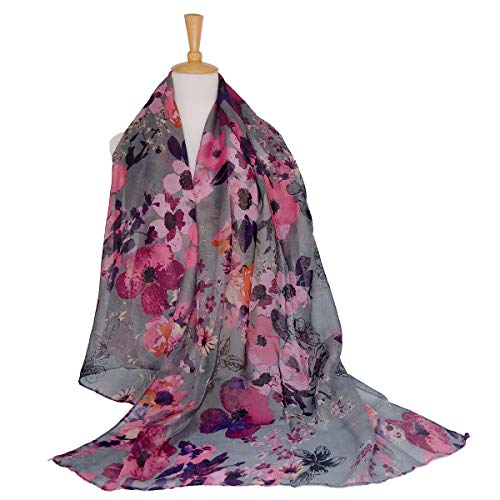 GERINLY Lightweight Scarves Fashion Flowers Print Shawl Wrap for Women Autumn Floral Accessory Outfit (Purple Gray) - Image 2