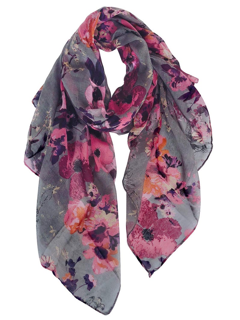 GERINLY Lightweight Scarves Fashion Flowers Print Shawl Wrap for Women Autumn Floral Accessory Outfit (Purple Gray) - Image 1
