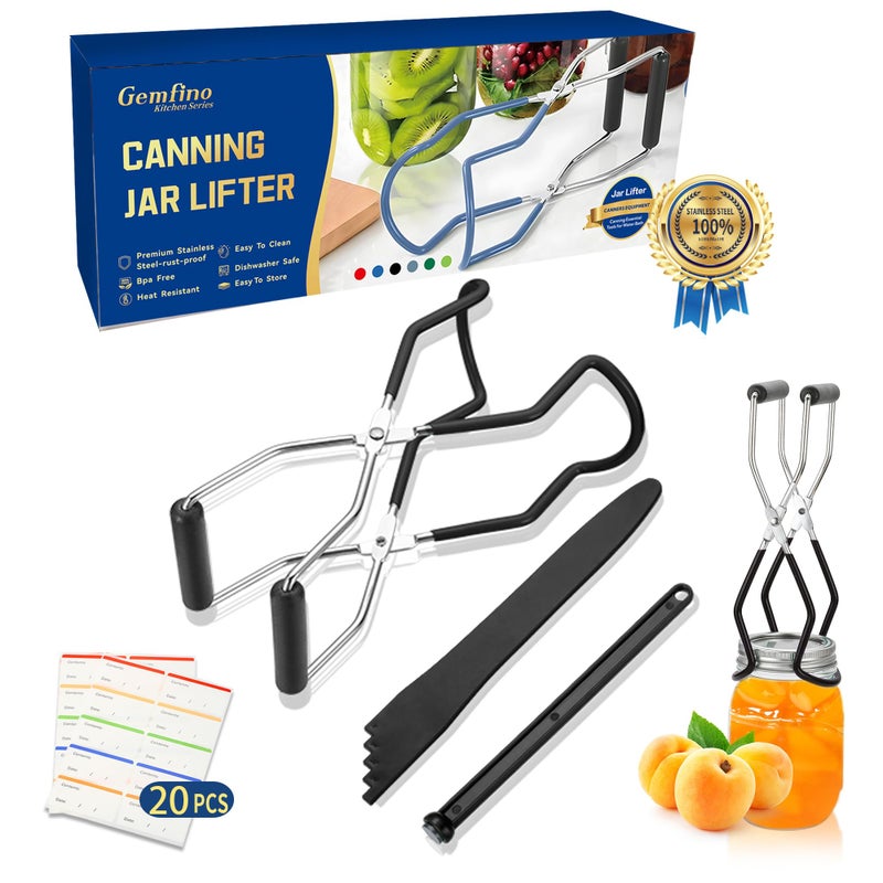 Gemfino Canning Jar Lifter Tongs with Jar Lid Lifter Magnetic Lid Lifter,Canning Bubble Popper Bubble Remover and Canning Labels for Canning Supplies Starter Kit,4Pcs Canning Tools-Black - Image 1