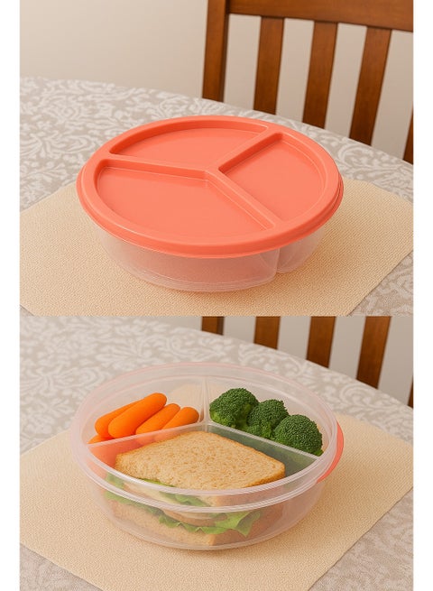 Deep round lunch box with 3 compartments and a snap-on lid - practical design for storing food and sandwiches - Code 1383 - watermelon color