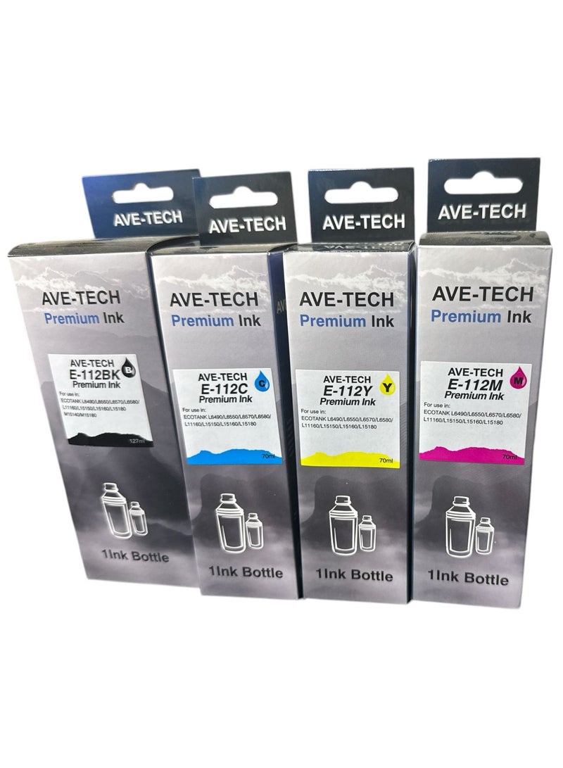 AVE-TECH Premium Ink E112 Bottle Pack Of 4 Set - Black/ Cyan/ Yellow/ Magenta 
