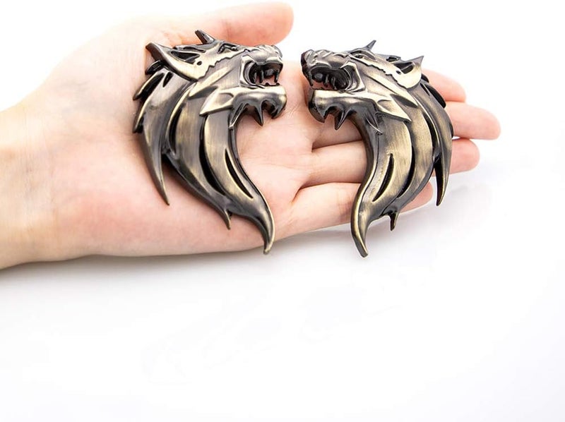 CARRUN 2pcs 3D Wolf Head Metal Emblem Car Motorcycles Side Fender Rear Styling Emblem Badge Decal (Gold) - Image 1