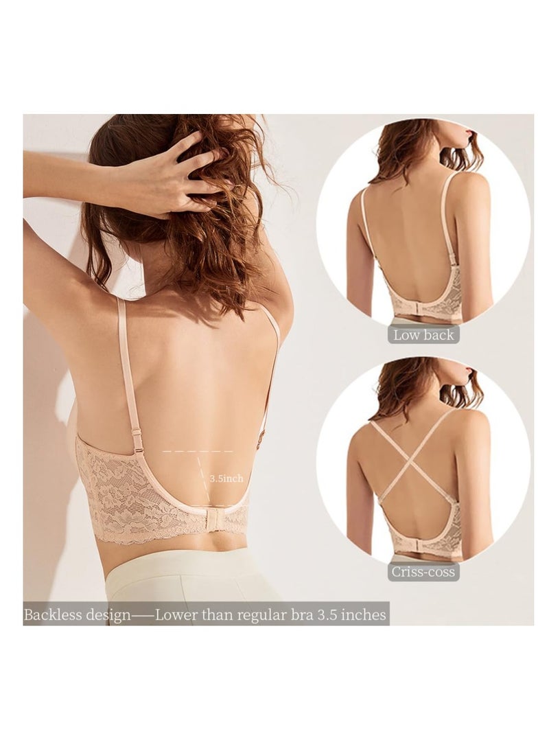 SYOSI Womens Low Back Bra, Seamless Backless Bras with Clear Straps, U Shape Low Cut Multiway Convertible Lace Backless Bra, Push Up Backless Bras 38/85B - Image 3