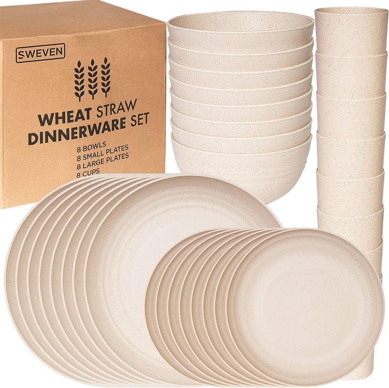 SWEVEN Wheat Straw Dinnerware Sets | Unbreakable Dinnerware Sets | Dishwasher Microwave Safe Dinnerware | Eco Friendly Non Breakable Dinnerware Sets | RV Outdoor Camping (Beige, Service for 8 (32 pcs)) - Image 1