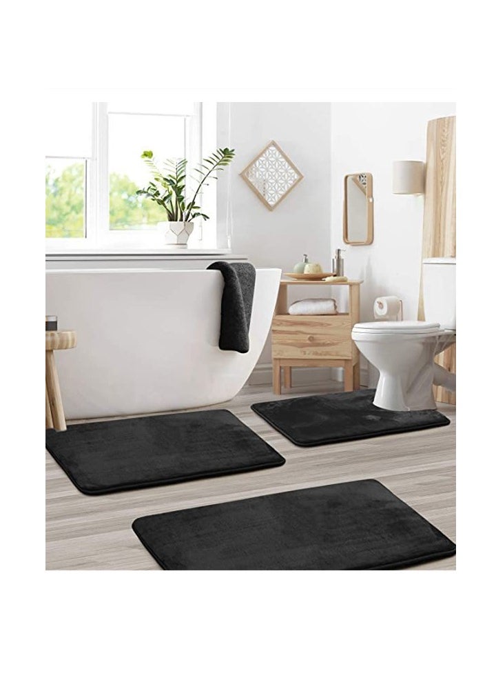 3-Pieces European Simple Style Toilet Floor Mat Suit Bathroom Carpet Set Polyester Fiber Black 