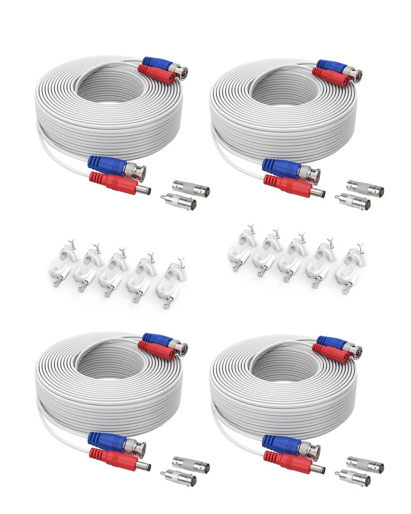 SANNCE 4-Pack 100ft BNC Video and Power Security Camera Cable with BNC Connectors and RCA Adapters for CCTV Camera System 100pcs Cable Clips Included (White) - Image 1