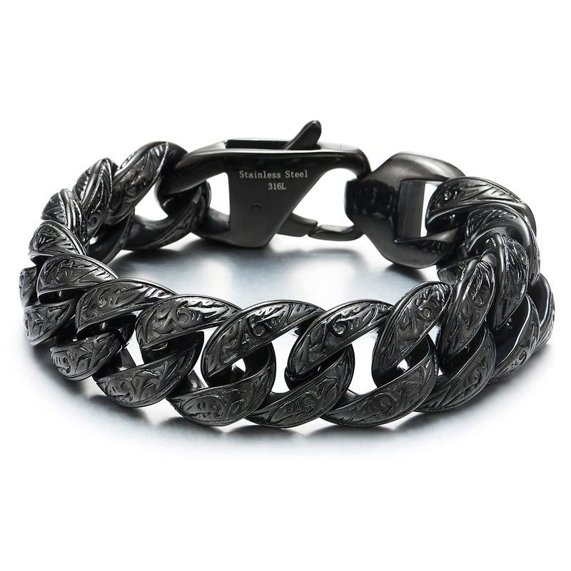 COOLSTEELANDBEYOND Mens Stainless Steel Black Fancy Curb Chain Bracelet with Tribal Tattoo Pattern, Retro Style - Image 1