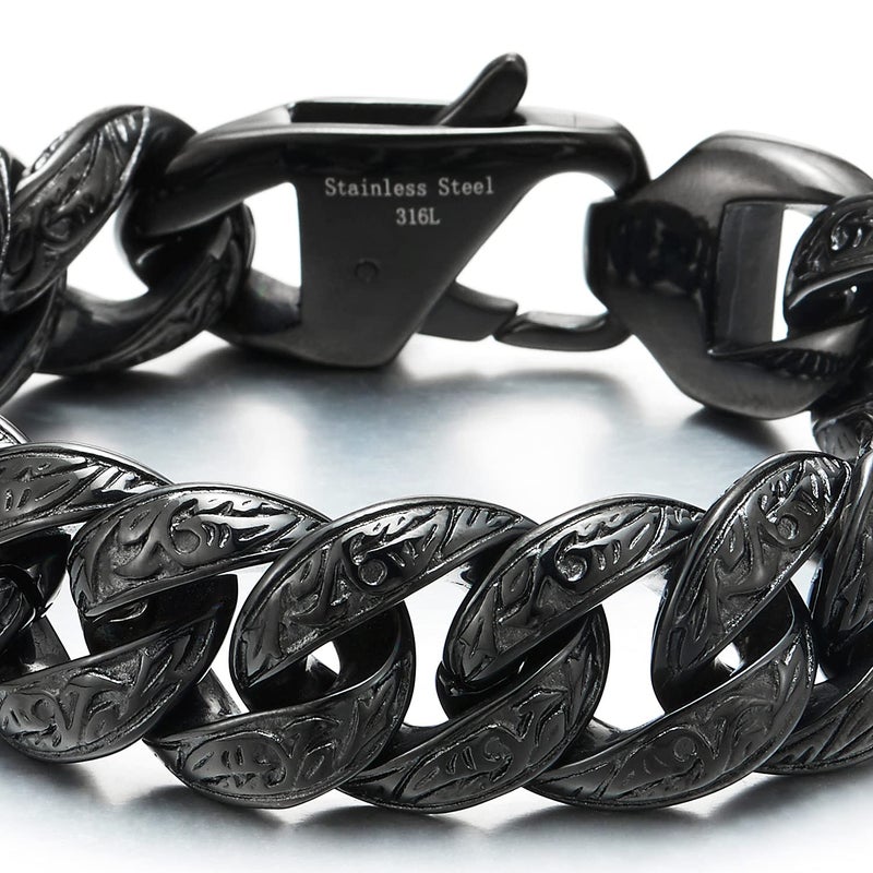 COOLSTEELANDBEYOND Mens Stainless Steel Black Fancy Curb Chain Bracelet with Tribal Tattoo Pattern, Retro Style - Image 2