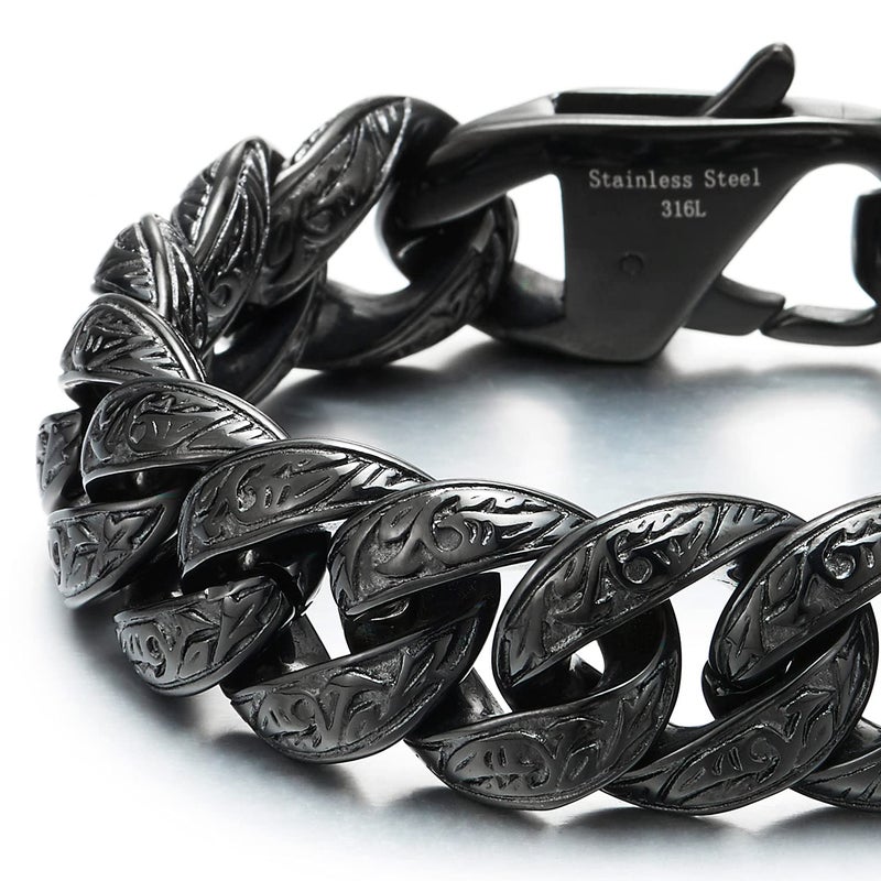 COOLSTEELANDBEYOND Mens Stainless Steel Black Fancy Curb Chain Bracelet with Tribal Tattoo Pattern, Retro Style - Image 3