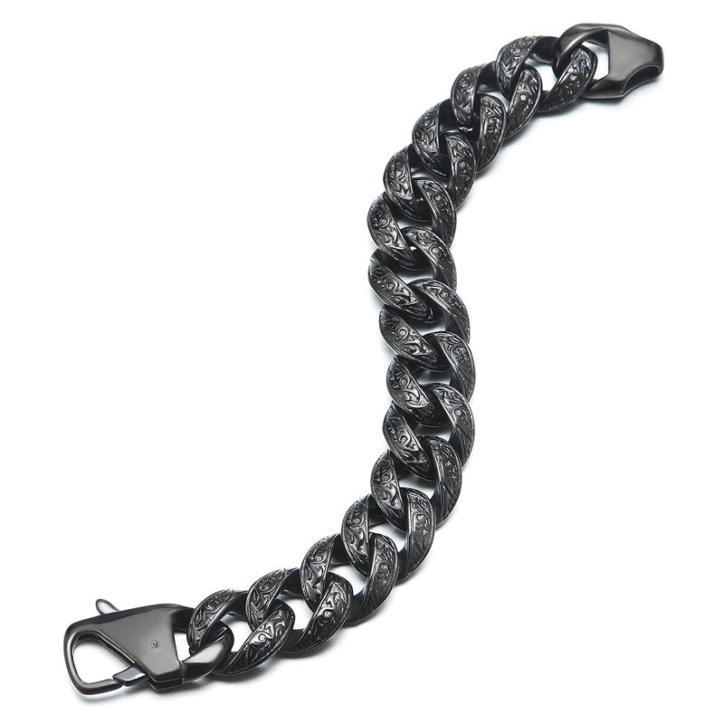 COOLSTEELANDBEYOND Mens Stainless Steel Black Fancy Curb Chain Bracelet with Tribal Tattoo Pattern, Retro Style - Image 4