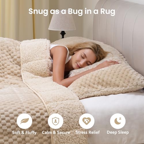 Drewin Weighted Blanket Twin Size 15 lbs, 3D Turtleback Pattern Jacquard Sherpa Weighted Blankets, Adult Weighted Blankets for Sleep Natural and Relaxing, Beige, 48 x 72 inches - Image 3
