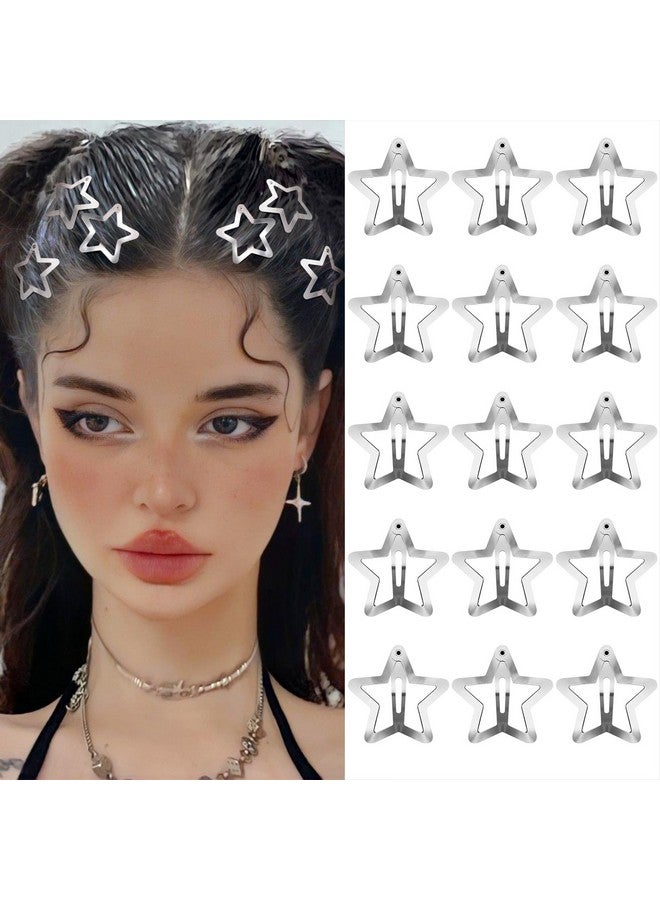 SAOROPEB Star Hair Clips 2000s Y2K Snap Hair Barrettes Non Slip Star Hair Accessories Silver Metal Hair Clips for Girls Women -15 PCS 1.57" - Image 1
