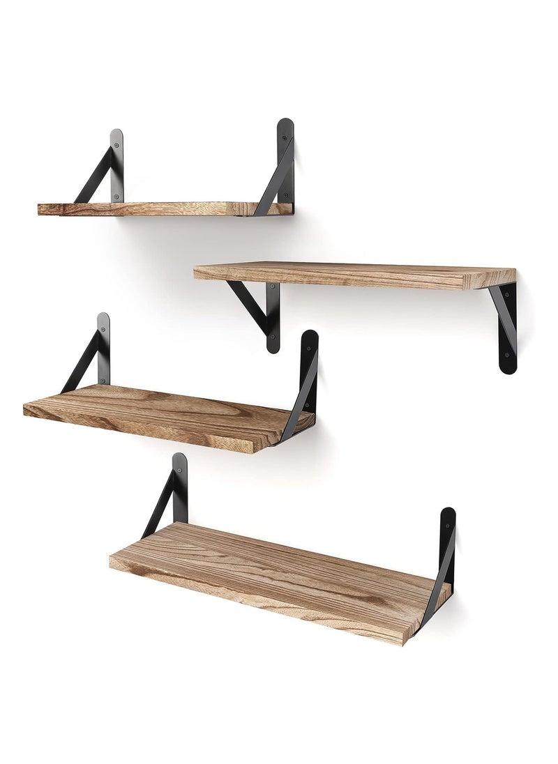 XICEN 4pcs Rustic Wood Floating Shelves, Wall Mounted Storage Rack, Photo & Vase Display Shelf, Wall Decor, Home Decor, Bedroom, Living Room(Plants Carbonized Black)  - Image 1