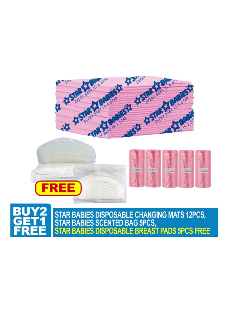STAR BABiES Star Babies Combo Pack (Disposable Changing mat 12pcs, Scented Bag 5pcs (75bags) with  Disposable Breast Pad 5pcs) -Pink  - Image 2