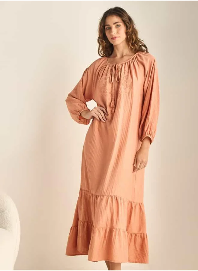 FAV Embroidered Tiered Night Gown with Tie-Ups