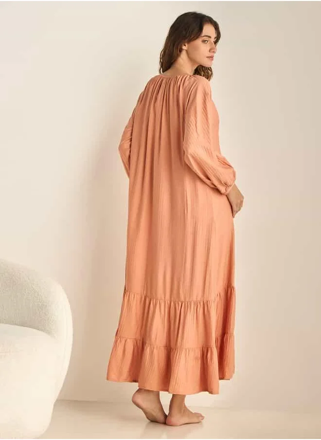 FAV Embroidered Tiered Night Gown with Tie-Ups