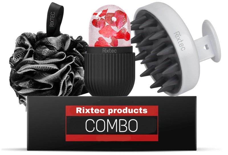 RIXTEC Round Scalp Massager & Shampoo Brush – Soft Bristles for Gentle Scalp Care, Deep Cleaning, Dandruff Prevention With Ice Roller and Bathing Loofah(3 product combo) - Image 1
