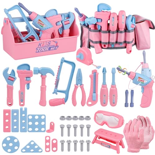 Magic4U Kids Tool Set 48PCS Toddler Tool Set with Electronic Toy Drill Kids Tape MeasurePretend Play Construction Toys Costume with Kids Tool Belt GlovesToy Tools Box for Girl Boy Ages 38 - Image 1