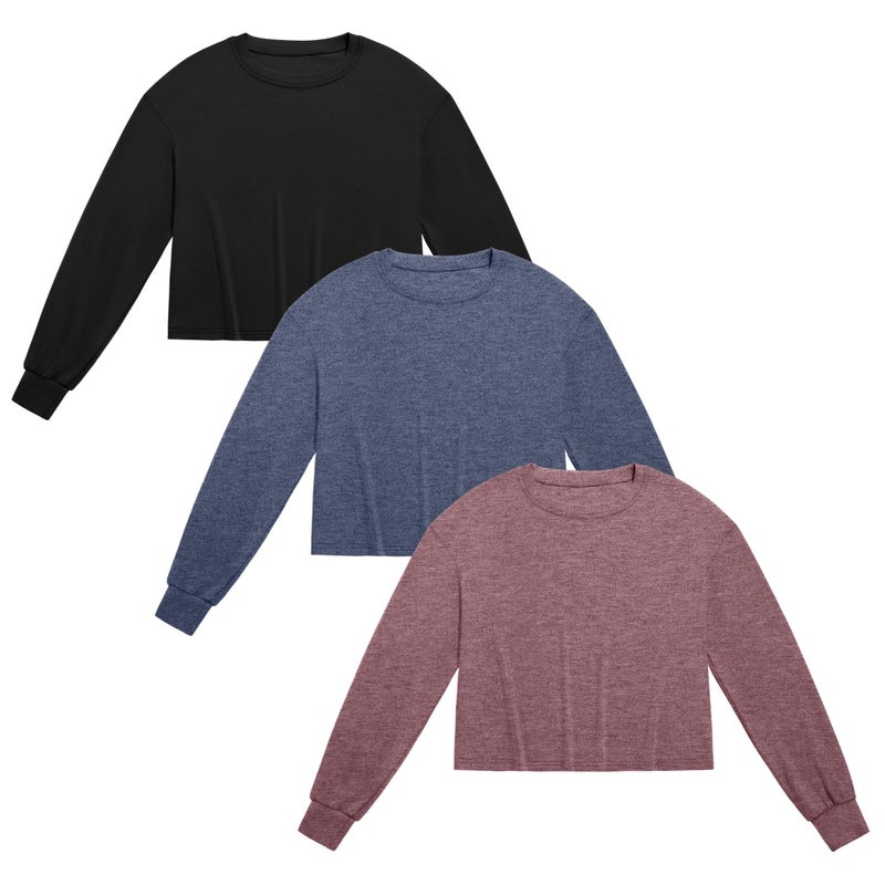 Ficerd 3 Pack Cotton Cropped Long Sleeve Tops for Women Loose Fit Crew Neck Drop Shoulder Crop T Shirts Basic Tee(Black, Dark Blue, Dark Fuchsia,M) - Image 3