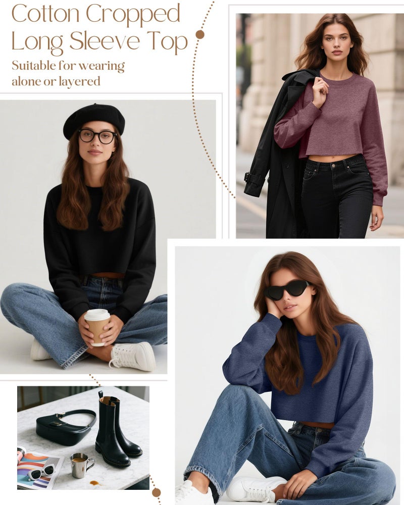 Ficerd 3 Pack Cotton Cropped Long Sleeve Tops for Women Loose Fit Crew Neck Drop Shoulder Crop T Shirts Basic Tee(Black, Dark Blue, Dark Fuchsia,M) - Image 2