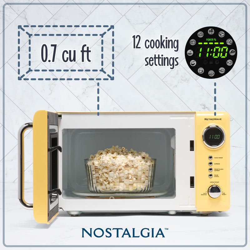 Nostalgia ميكروويف مضغوط من نوستالجيا NRMO7YW6A بتصميم رجعي، سعة 0.7 قدم مكعب، 700 واط مع شاشة رقمية LED، قفل للأطفال، داخلية سهلة التنظيف، أصفر - Image 2