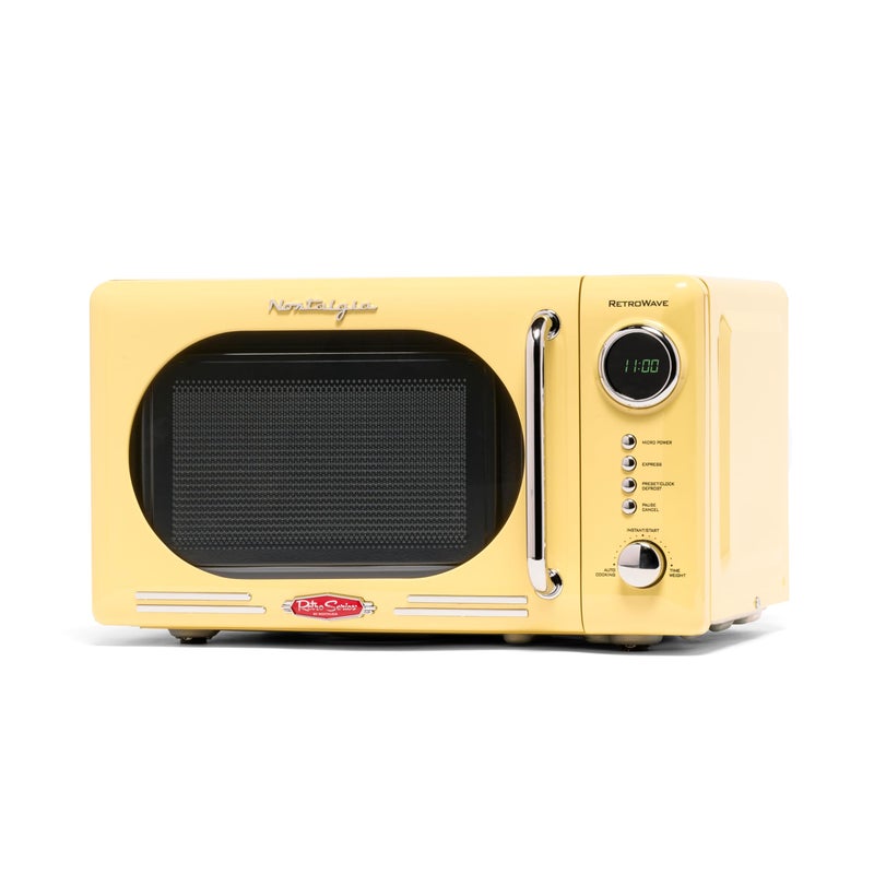 Nostalgia ميكروويف مضغوط من نوستالجيا NRMO7YW6A بتصميم رجعي، سعة 0.7 قدم مكعب، 700 واط مع شاشة رقمية LED، قفل للأطفال، داخلية سهلة التنظيف، أصفر - Image 1