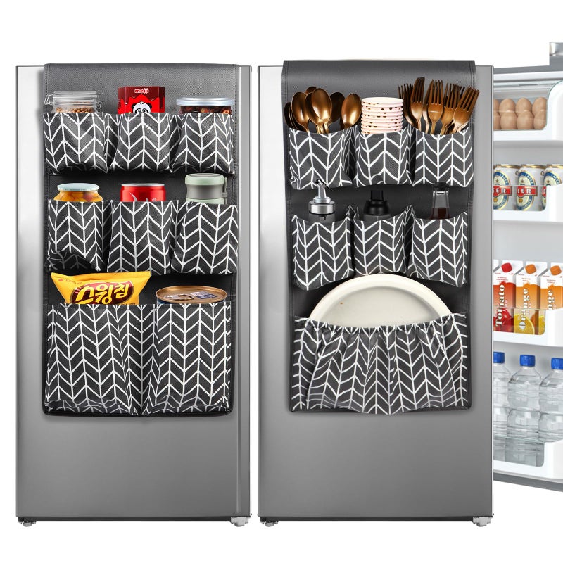 Mini Fridge Organizer 65 x 126 Mini Fridge Caddy with 15 Large Pockets Over the Refrigerator Caddy Storage for Dorm Pantry Office Plate Silverware Spice Cutlery Bottles Napkins Grey