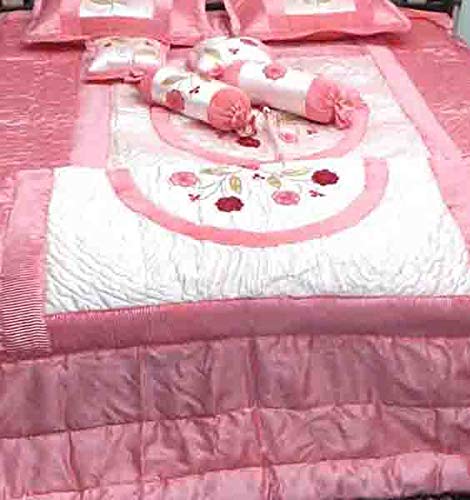 PEPONI PEPONI 380 TC Patch Work and Embroidery Satin Floral Quilted Double Bedsheet Bedding Bridal Bed Cover Set King Size Pink 8 Piece  - Image 4