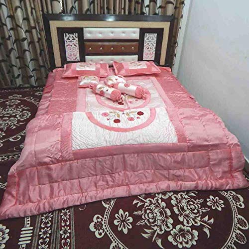 PEPONI PEPONI 380 TC Patch Work and Embroidery Satin Floral Quilted Double Bedsheet Bedding Bridal Bed Cover Set King Size Pink 8 Piece  - Image 2