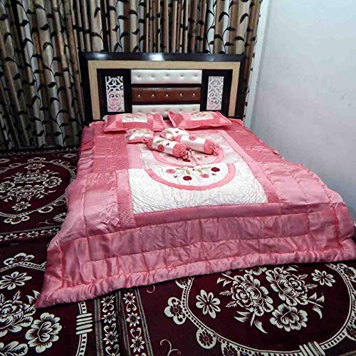 PEPONI PEPONI 380 TC Patch Work and Embroidery Satin Floral Quilted Double Bedsheet Bedding Bridal Bed Cover Set King Size Pink 8 Piece  - Image 5