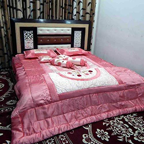 PEPONI PEPONI 380 TC Patch Work and Embroidery Satin Floral Quilted Double Bedsheet Bedding Bridal Bed Cover Set King Size Pink 8 Piece  - Image 1