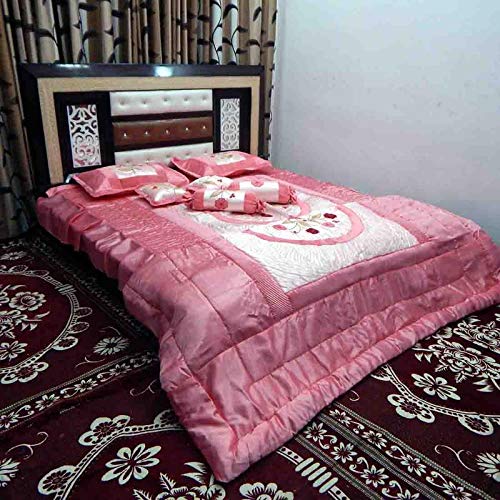 PEPONI PEPONI 380 TC Patch Work and Embroidery Satin Floral Quilted Double Bedsheet Bedding Bridal Bed Cover Set King Size Pink 8 Piece  - Image 3
