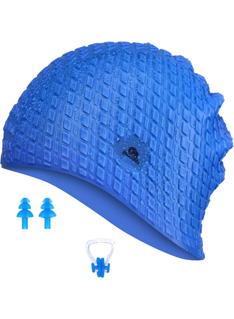 Primalite Silicone Swimming Cap with Nose Clip & Ear Plug Long & Short Hair, Cover Ears to Keep Hair Dry, Waterproof Swim Caps, AntiSlip Comfortable High Elasticity Adults Men Women Kids Dark Blue - Image 1