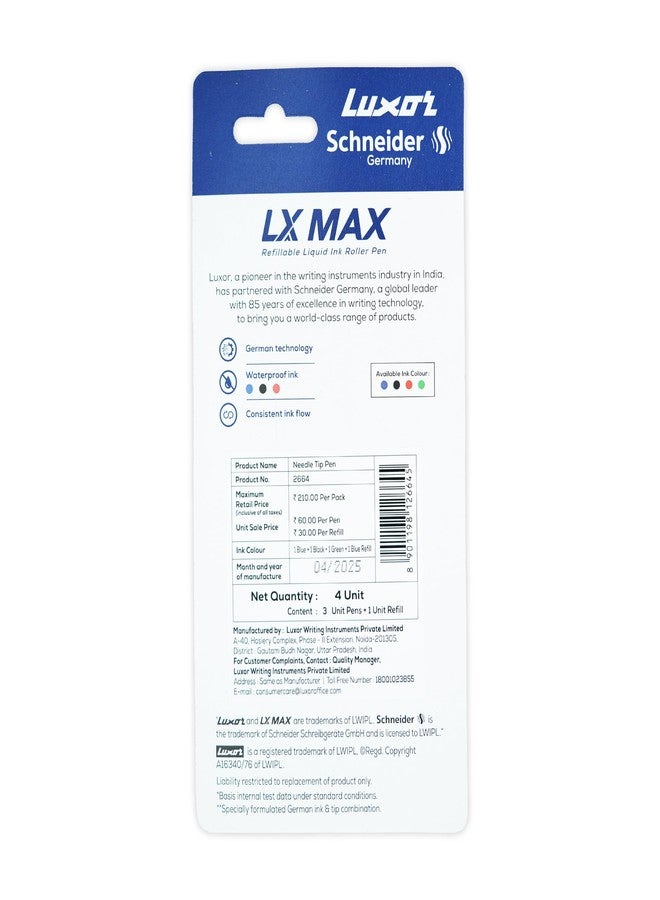 Luxor Schneider LX MAX roller ball pen, Pack of 3-Blue+Black+Green+1Refill, Needle Tip, 0.5mm, 100% German Technology, 1000+ mtrs writing length, Waterproof Ink, Ideal for Students & Professionals - Image 4