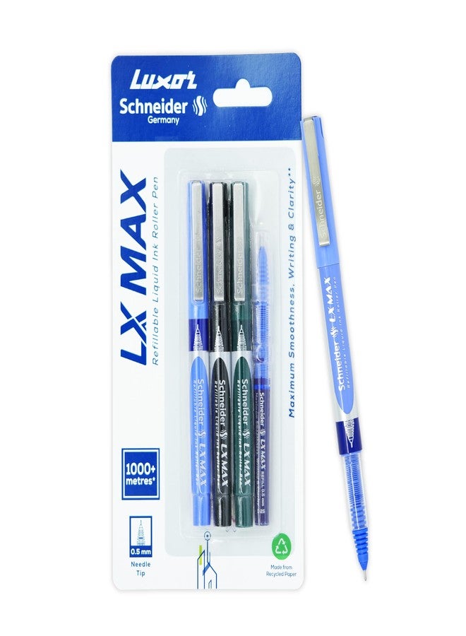 Luxor Schneider LX MAX roller ball pen, Pack of 3-Blue+Black+Green+1Refill, Needle Tip, 0.5mm, 100% German Technology, 1000+ mtrs writing length, Waterproof Ink, Ideal for Students & Professionals - Image 1