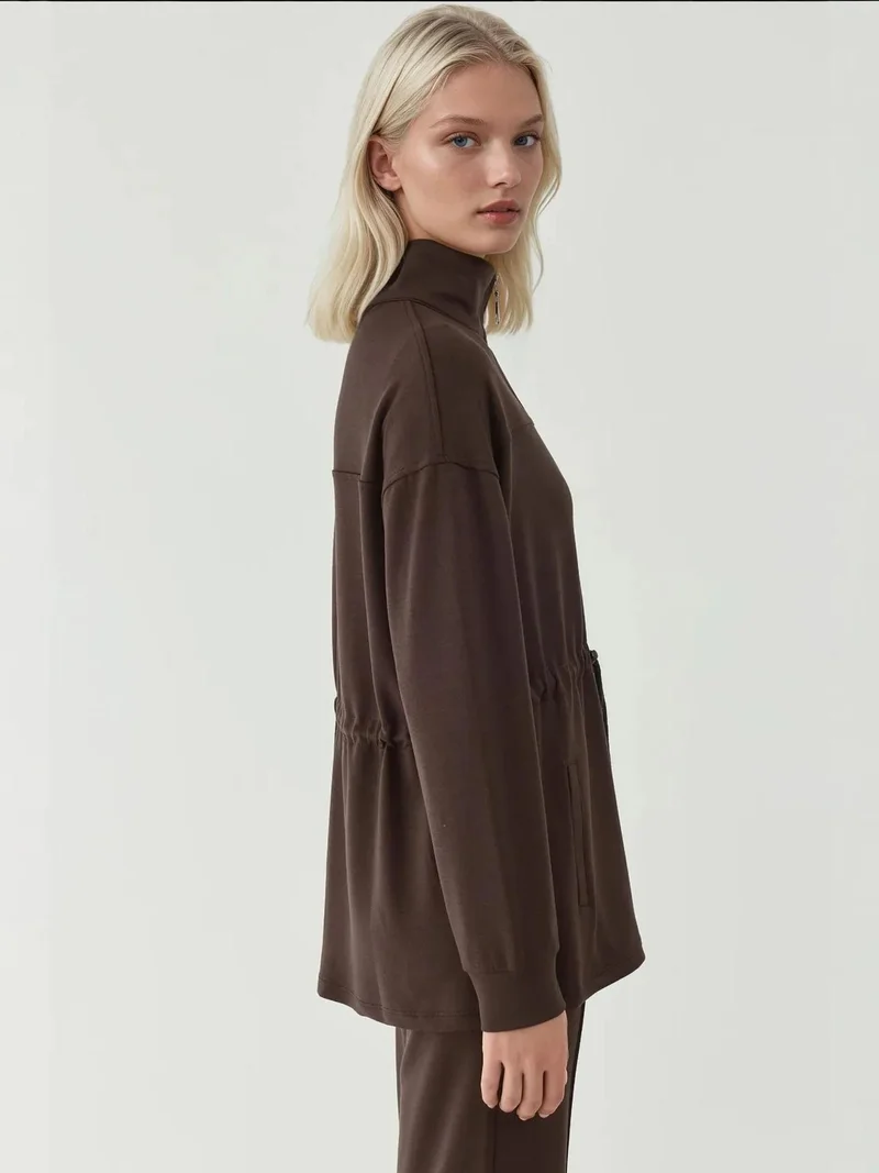 Hiccup Coffee Brown Modal Touch Long Jacket with Adjustable Waist for Women | Best Price UAE