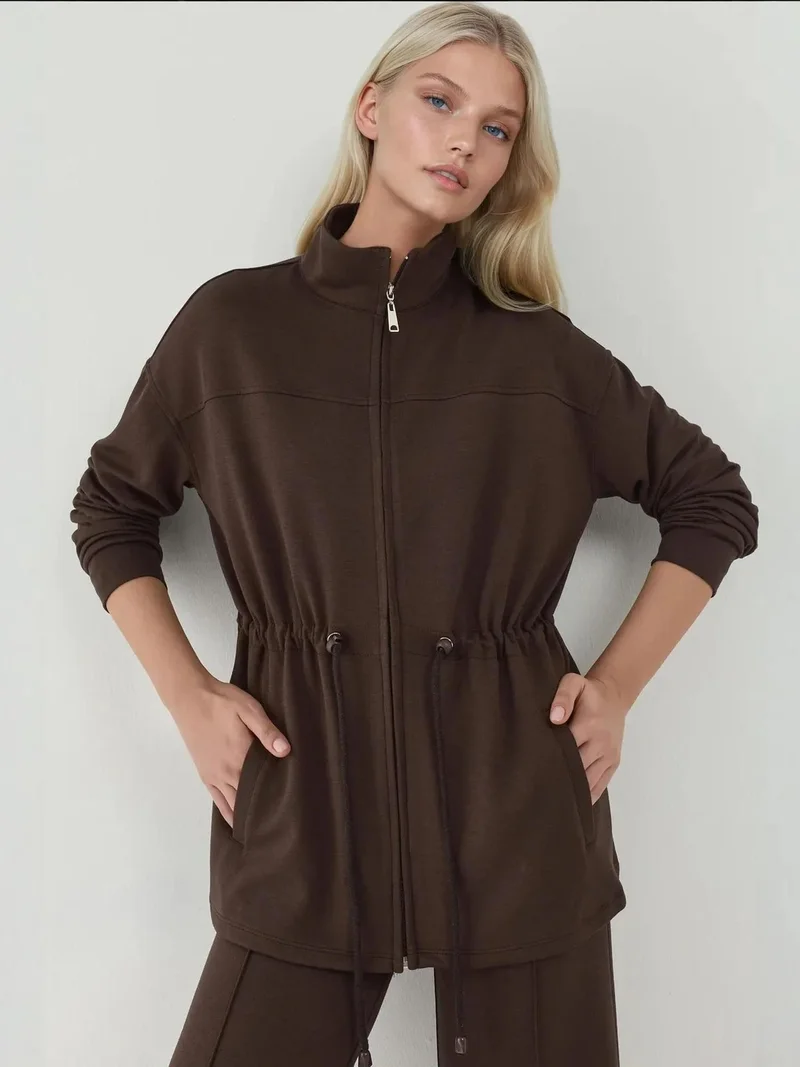 Hiccup Coffee Brown Modal Touch Long Jacket with Adjustable Waist for Women | Best Price UAE