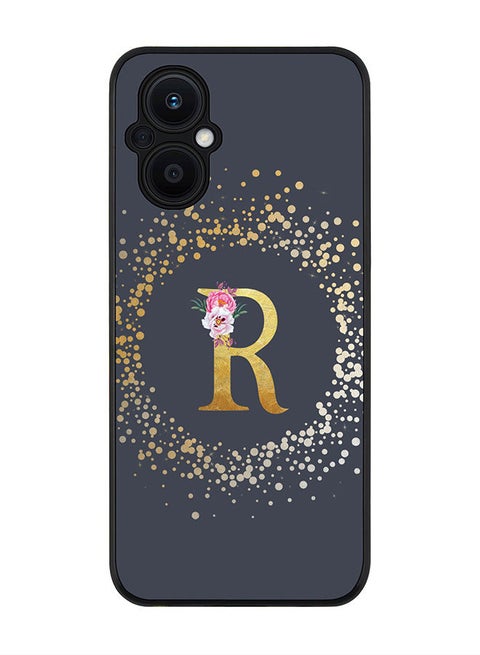 Rugged Black edge case for Oppo Reno7 Z  Slim fit Soft Case Flexible Rubber Edges Anti Drop TPU Gel Thin Cover - Custom Monogram Initial Letter Floral Pattern Alphabet - R (Grey )