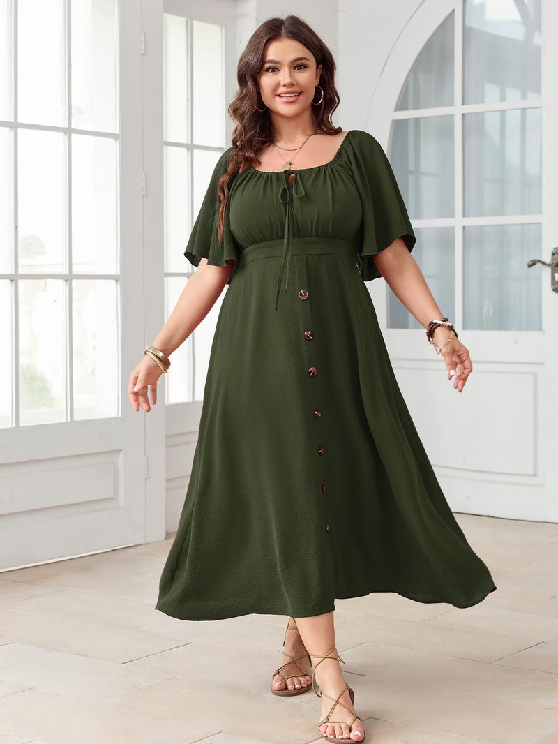 SHESTARR Plus Size Summer Dress Short Sleeve Square Neck Tie Front Smocked Button Down Flowy A-line Boho Maxi Long Dresses Army Green - Image 3