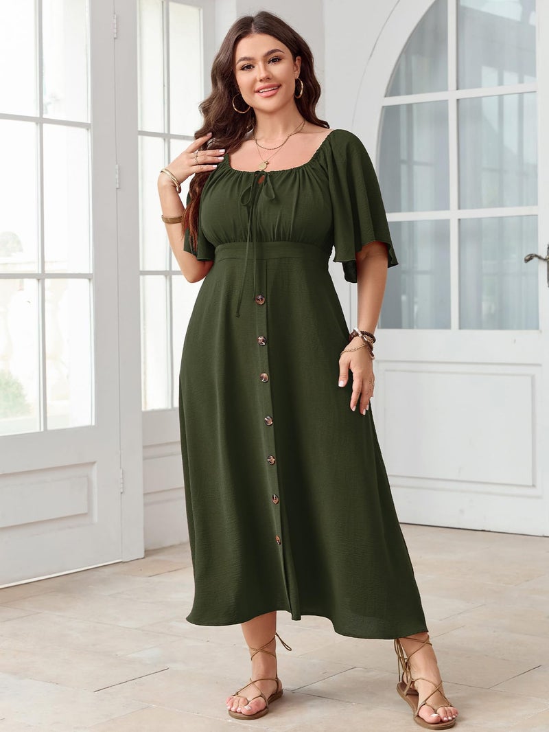SHESTARR Plus Size Summer Dress Short Sleeve Square Neck Tie Front Smocked Button Down Flowy A-line Boho Maxi Long Dresses Army Green - Image 4